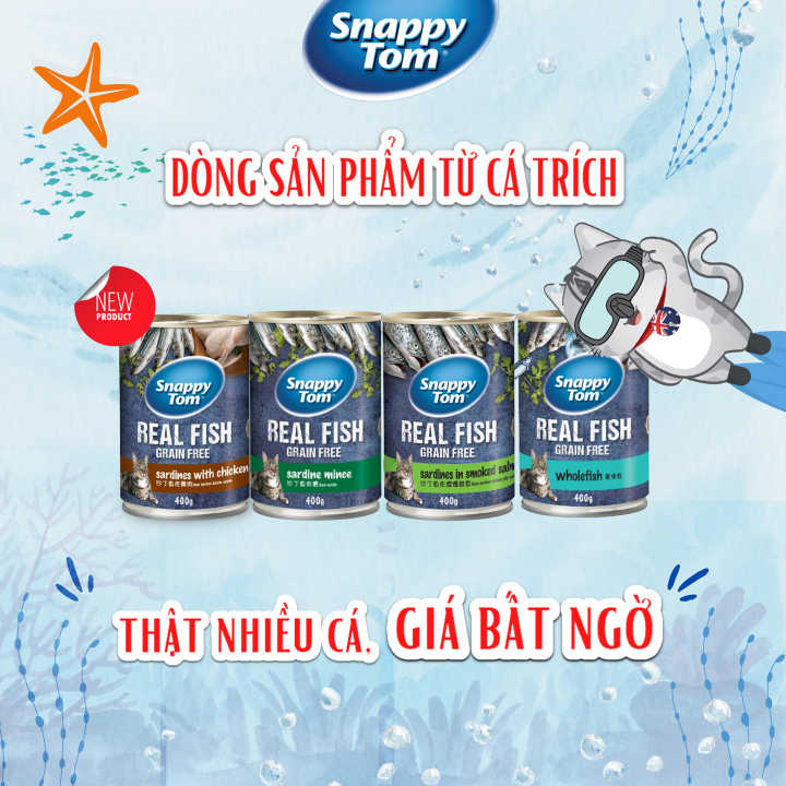 COMBO 5 Lon Pate Siêu Cá Cho Mèo Trưởng Thành Snappy Tom Real Fish Grain Free 400g - YonaPetshop