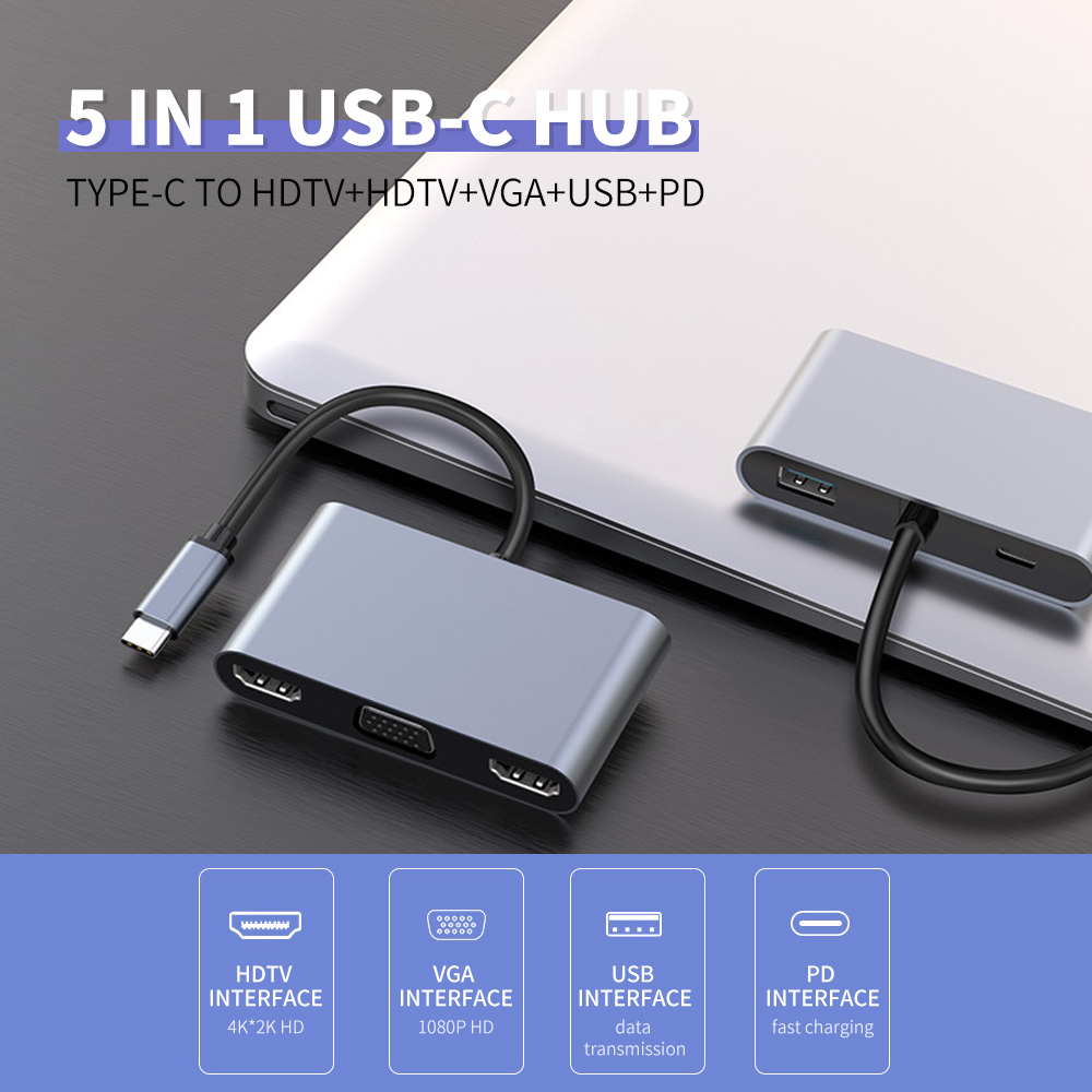 Bộ chuyển đổi đa năng 5 trong 1 USB-C HUB HDTV * 2 + VGA + USB + PD Hỗ trợ đa màn hình