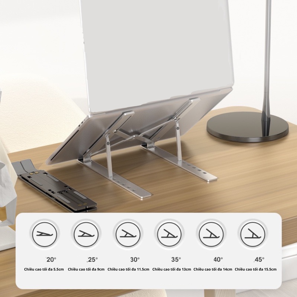 Giá Đỡ Laptop Hợp Kim Nhôm Cao Cấp Có Thể Gấp Gọn - Đế Tản Nhiệt Laptop - Macbook, Máy Tính Xách Tay - 07 Vị Trí Điều Chỉnh Góc Độ - Hàng Chính Hãng