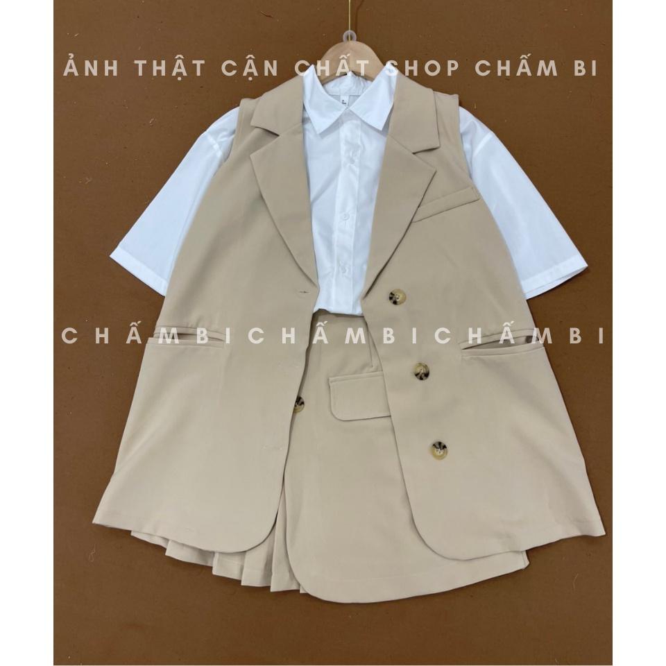 Set bộ đi chơi S.064, Set áo gile cổ vest form rộng cùng chân váy xếp ly cách điệu phong cách Hàn Quốc