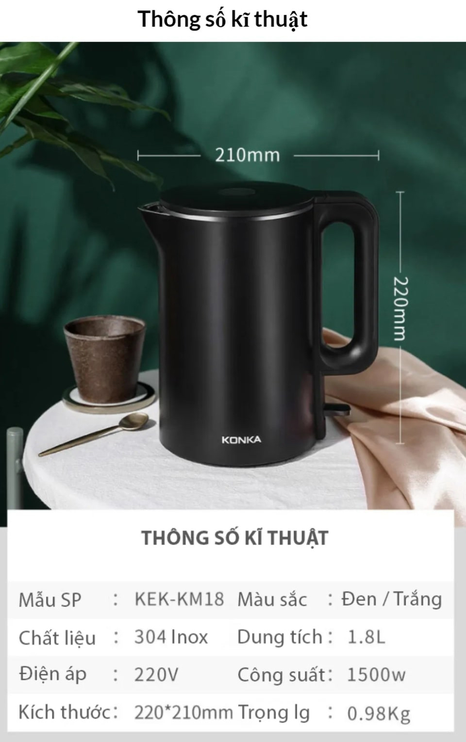 Ấm siêu tốc KONKA KEK-KM18 đun nước nhanh tự ngắt khi sôi - Hàng nhập khẩu
