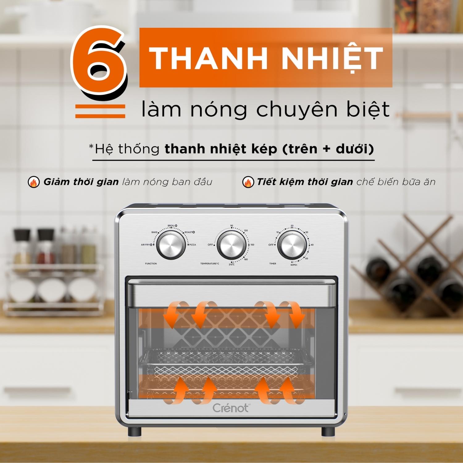 Nồi Chiên Không Dầu Crenot Foodie F15 Lò Chiên Bếp Nướng Điện Đa Năng Điều Khiển Núm Cơ Tiết Kiệm Điện - Hàng Chính Hãng