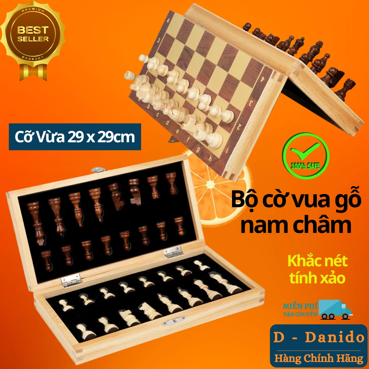 Bàn cờ vua gỗ nam châm cao cấp - Bộ cờ vua nam châm 29cm - 34cm - 39cm bằng gỗ thông tự nhiên chính hãng D Danido
