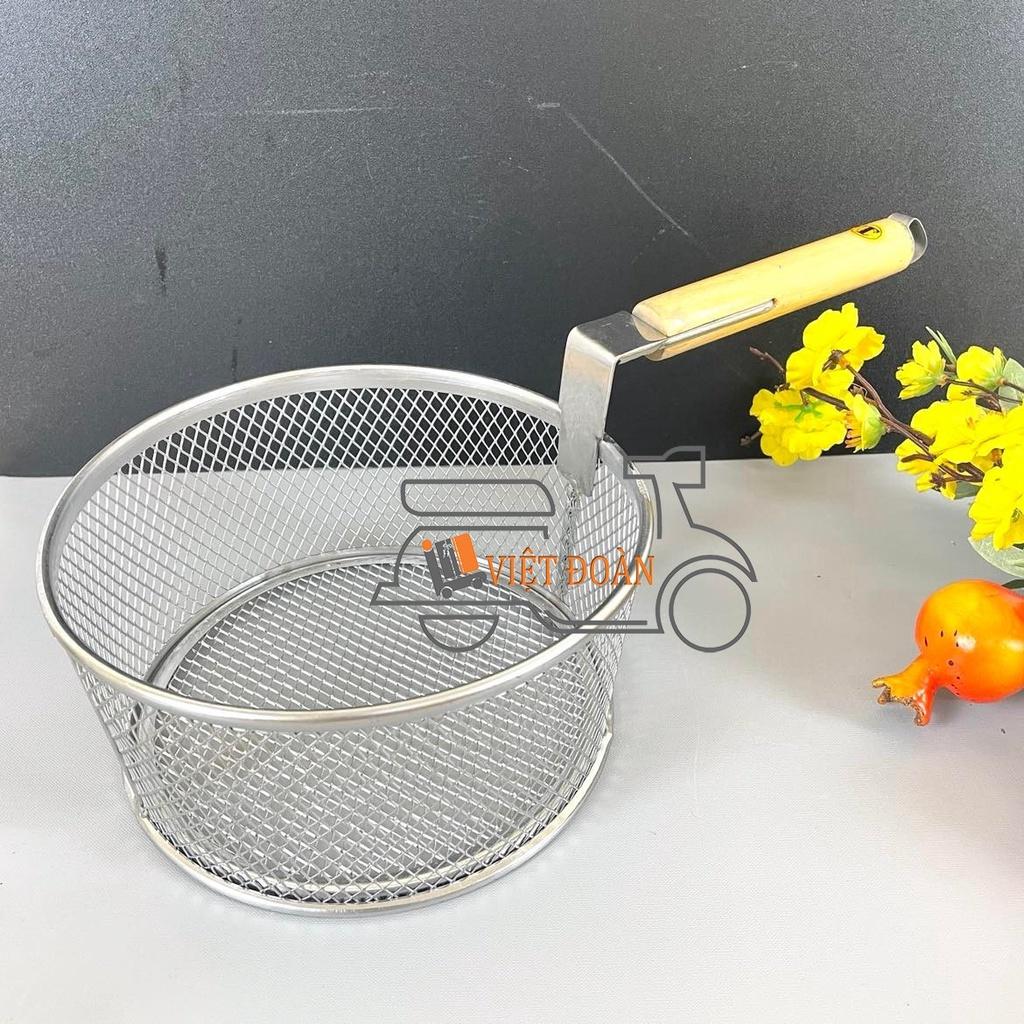 RỔ VỚT XƯƠNG, RỔ LƯỚI CHIÊN KHOAI TÂY, GÀ RÁN , HẢI SẢN tay cầm gỗ 22 cm - INOX không rỉ, viền inox chắc chắc