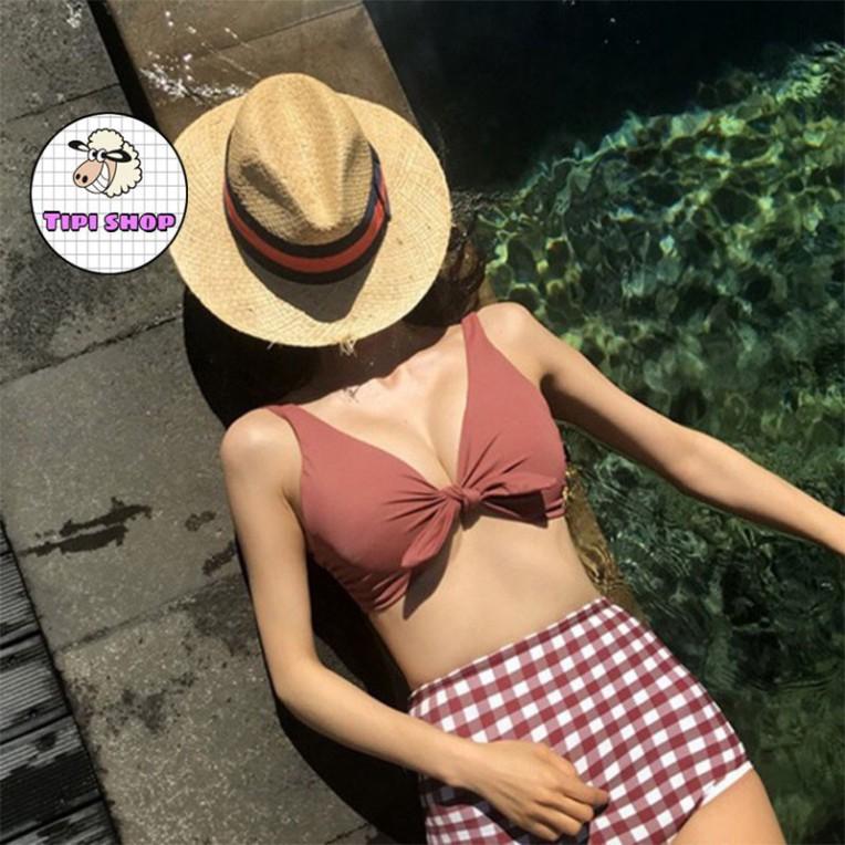 Bộ bikini đi biển cao cấp caro đỏ gạch