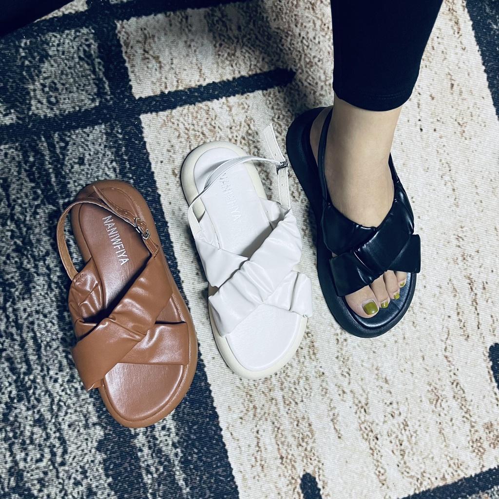 Sandal da mịn quai chéo nhún 3 màu đế bệt cực êm