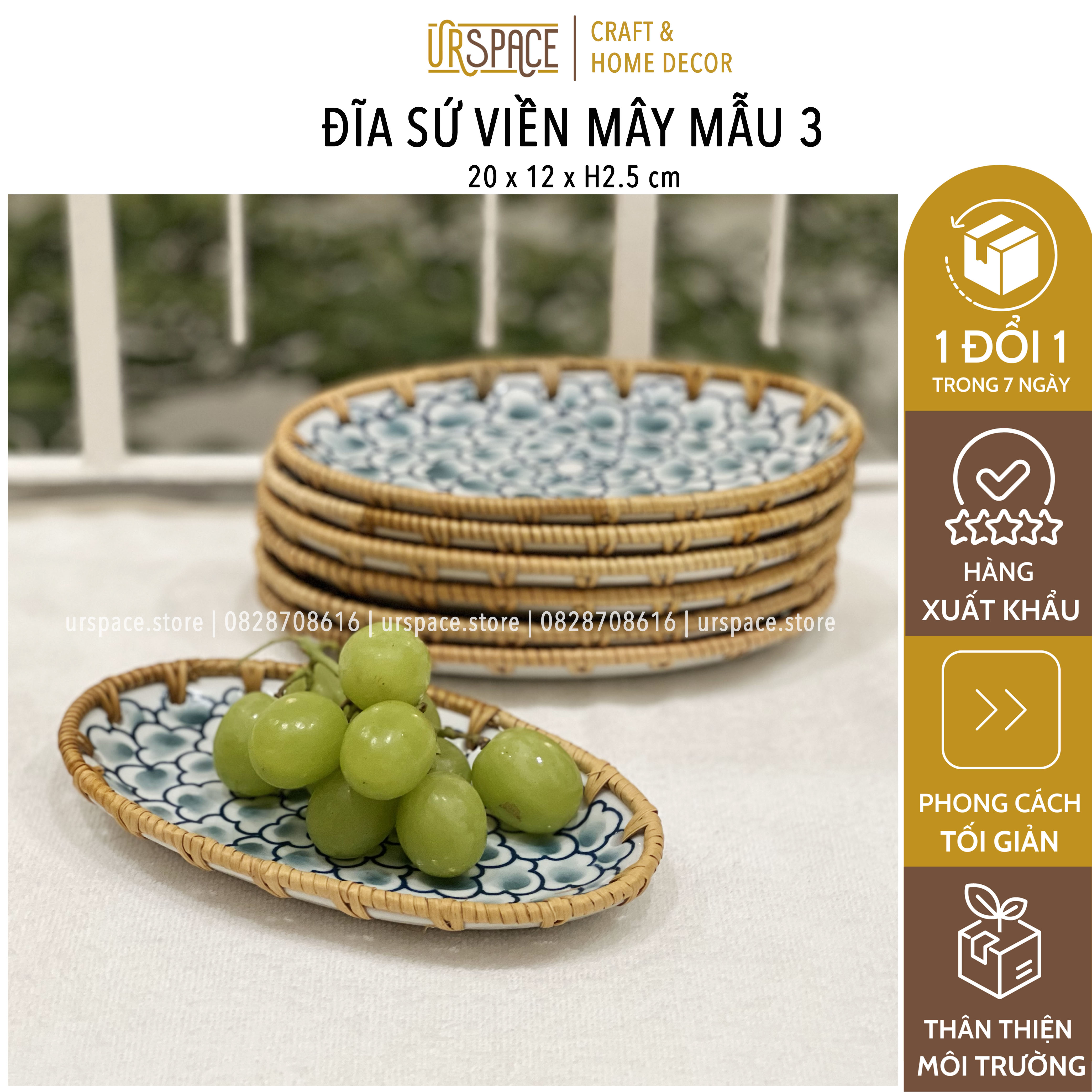 Đĩa sứ đựng trái cây, bánh kẹo trang trí bàn ăn/ Oval Plate Retro Pattern Rattan Edge Ceramic Fruit Plate