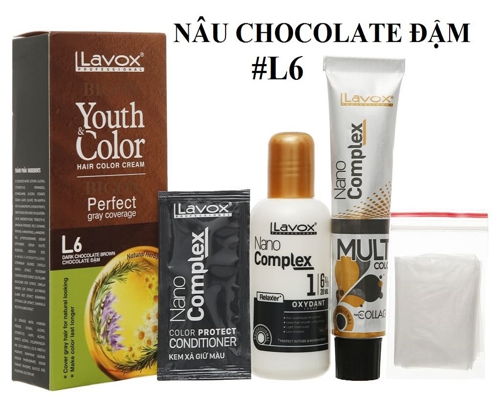 (Nâu Chocolate Đậm) Kem Nhuộm Dưỡng Tóc Phủ Bạc Lavox Youth&amp;Color L6 - Màu Nâu Chocolate Đậm