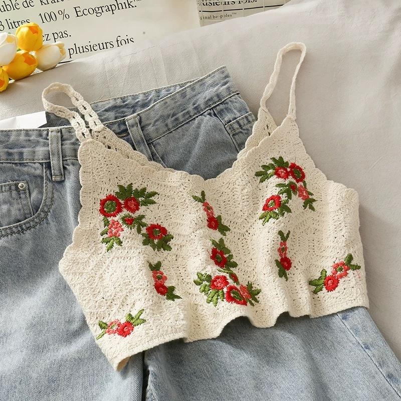 MS587 Áo hai dây lưới đan móc hoa đỏ đi biển, mix váy áo vintage