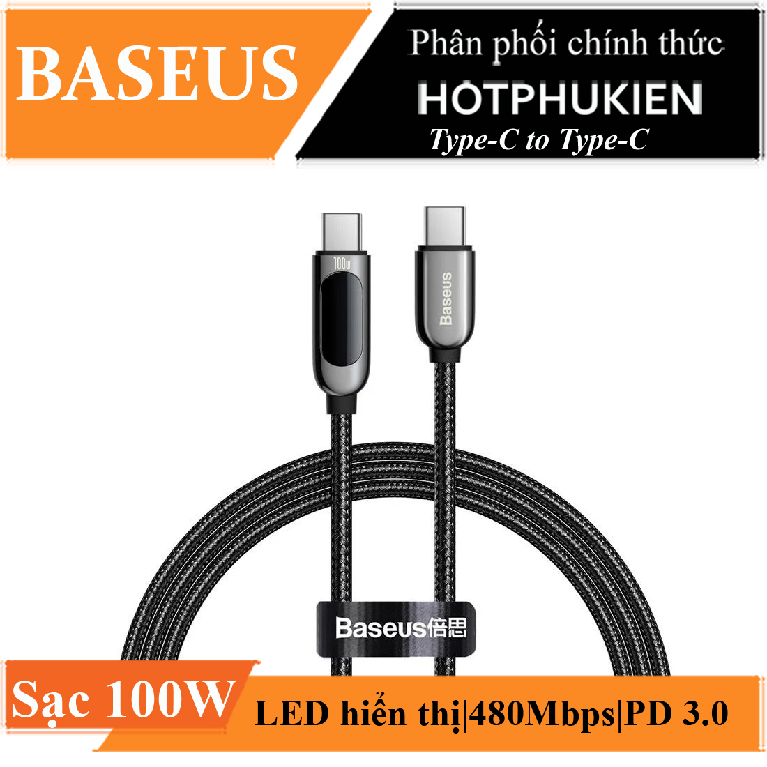 Dây cáp sạc Type C sạc nhanh 100W chuẩn PD 3.0 Type C to Type C hiệu Baseus Display Fast Charging Data Cable trang bị màn hình LED chuẩn 5A/QC 4.0, Smartchip - hàng nhập khẩu