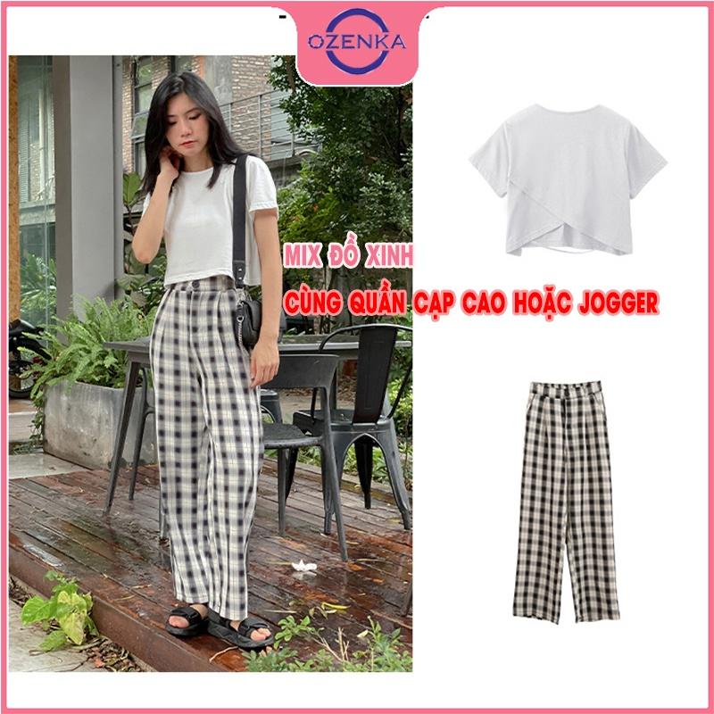 Áo croptop cộc tay lưng đắp chéo, áo crt hở lưng 2 lớp chất thun gân 100% cotton đen trắng size dưới 50kg