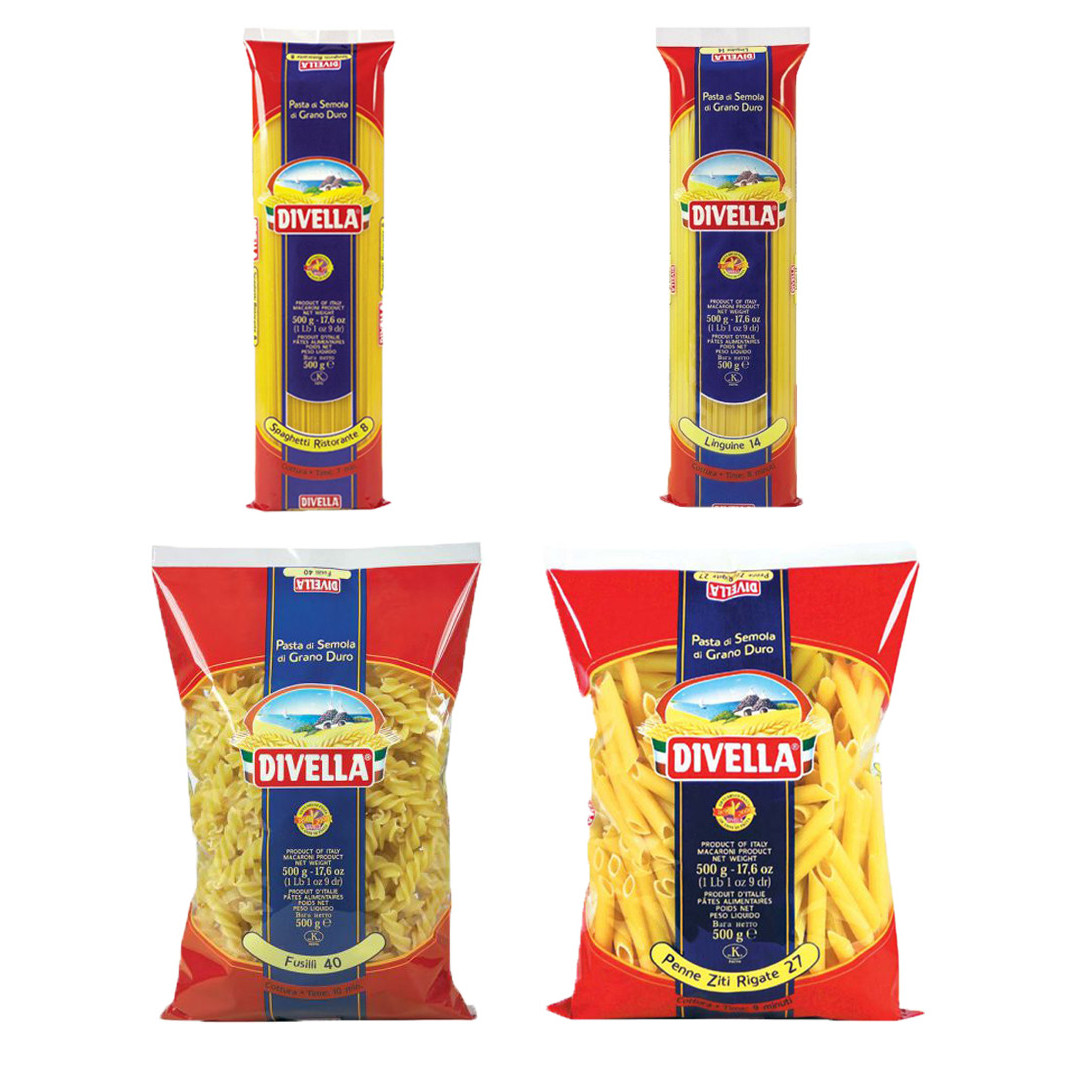 Combo 4 Sản Phẩm Mì Spaghetti 08 + Mì Sợi Dẹt Linguine 14 + Nui Penne 27 + Nui Fusilli 40 Divella Italia