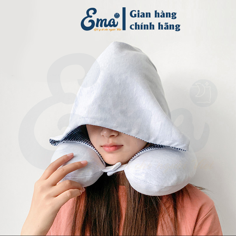 Gối chữ U kê cổ có mũ trùm đầu EMA - Dành cho dân văn phòng, đi du lịch, tàu xe