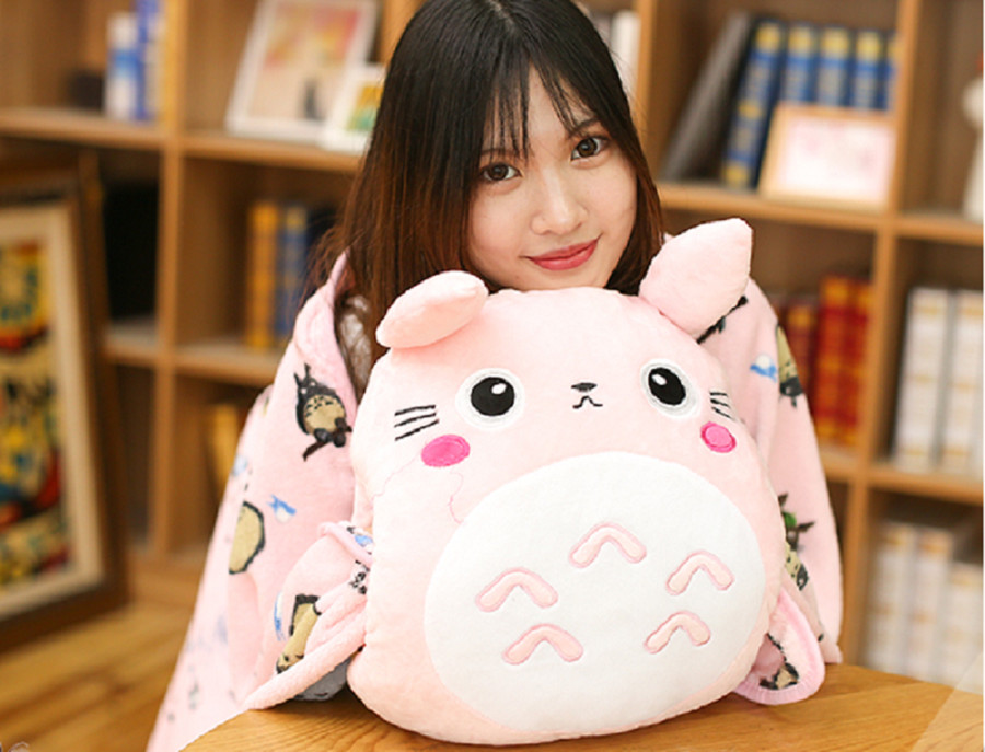 Bộ chăn gối 3 trong 1 totoro cao cấp chăn hoạt hình (Hồng)