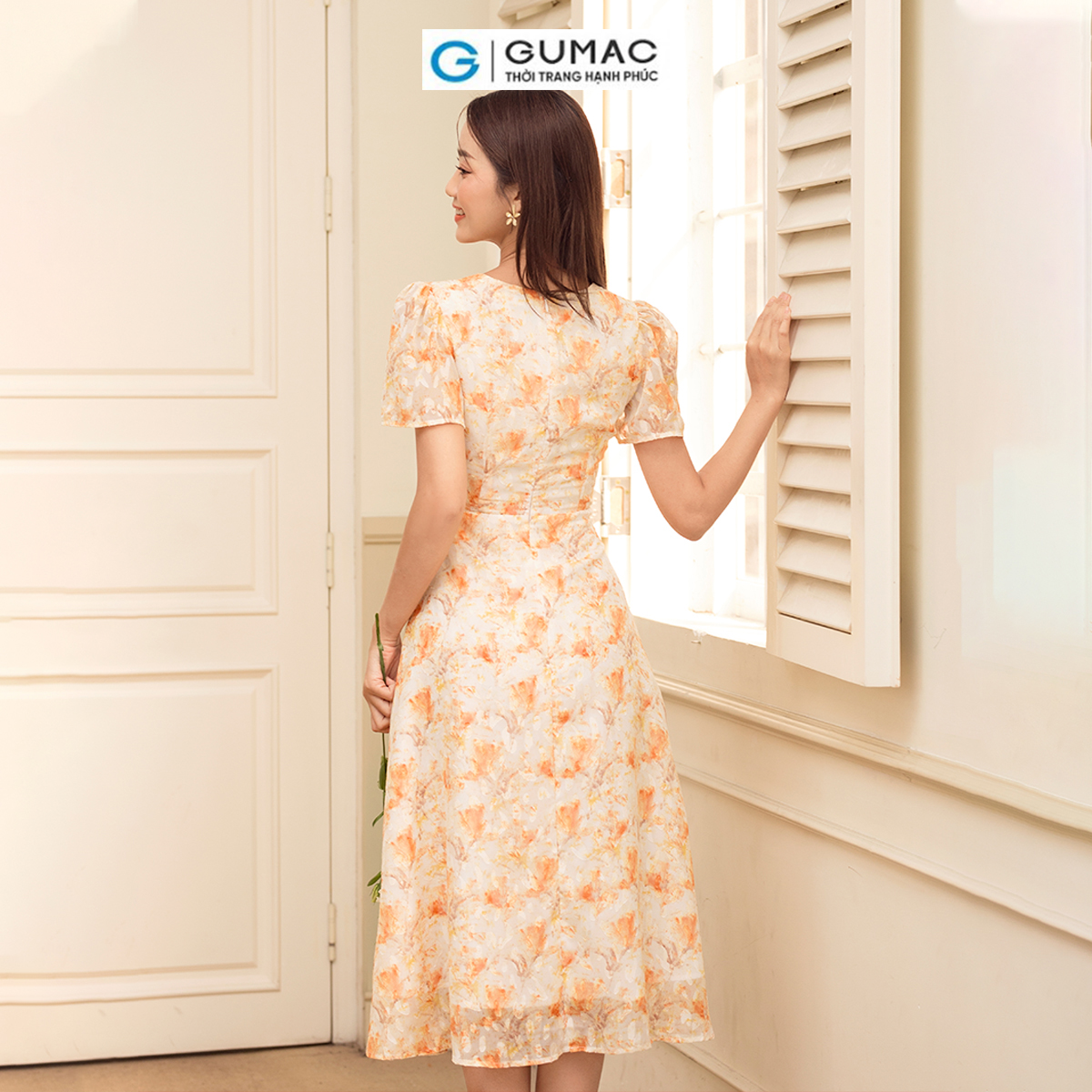 Đầm 2 lớp cổ V hoa thắt nơ eo nữ tính thanh lịch thời trang GUMAC DD06015