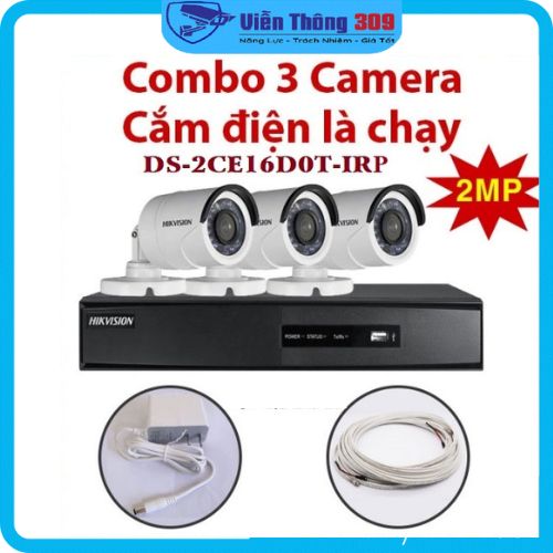 Trọn bộ 3 Camera 2MP DS-2CE16D0T-IRP + Đầu ghi hình Hikvision, có sẵn phụ kiện, cắm điện là chạy - Hàng chính hãng