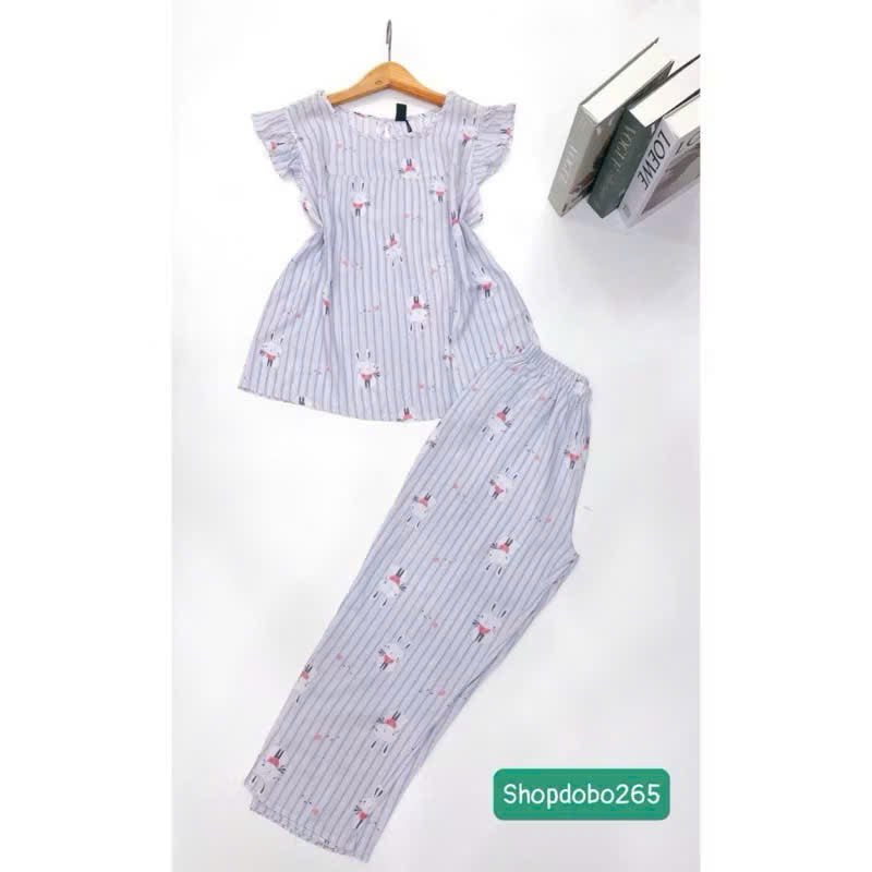 Đồ bộ nữ,đồ ngủ mặc nhà lửng 9 tấc tay cánh tiên vải lanh BL 57 họa tiết dễ thương size 51-70kg