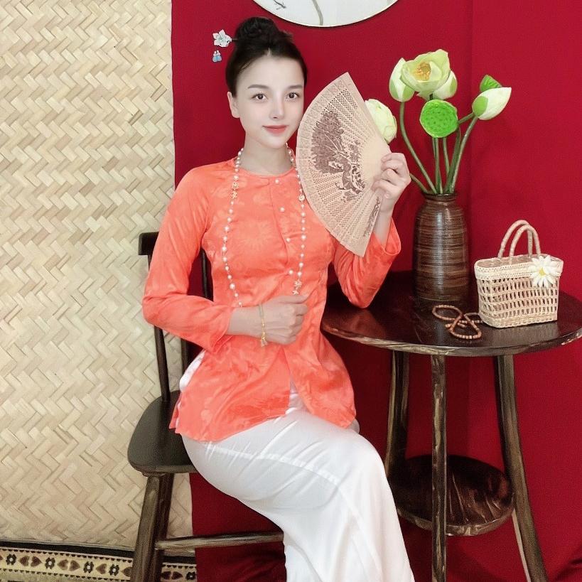 GẤM BÀ BA CỔ TRÒN Bigsize Trang phục truyền thống,Bộ quần áo Phật tử, đồ lam đi chùa mẫu nữ vải gấm - Áo Hồng (Ko quần)