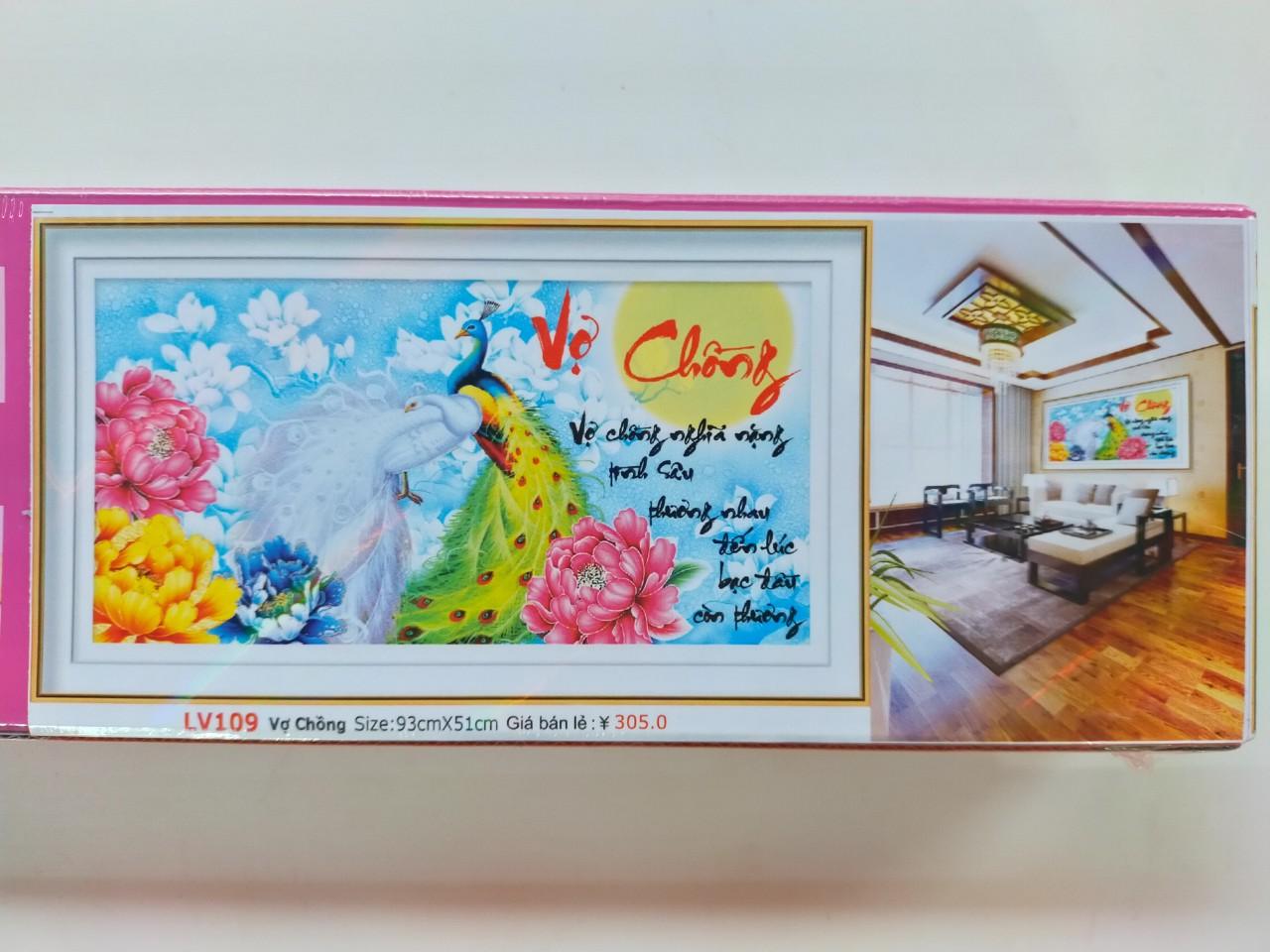 Tranh đính đá vợ chồng chim công hoa mẫu đơn LV109 93 x 51 cm chưa đính