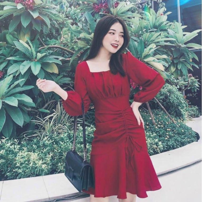 Váy cổ vuông nhún ngực tay dài xinh tươi ivy.fashion đi biển dự tiệc dạo phố bigsize gợi cảm sexy
