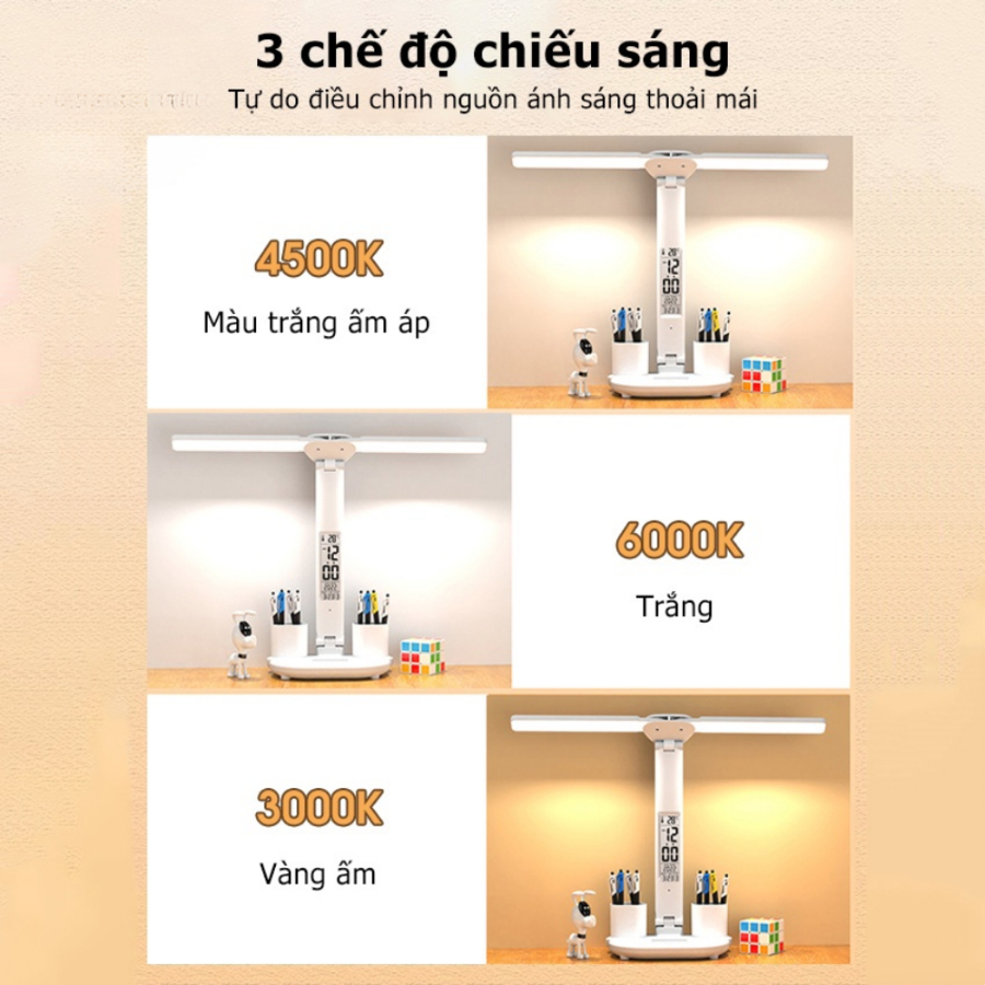 Đèn học chống cận chống cận, đèn đọc sách để bàn sạc pin 3 chế độ ánh sáng, màn hình LED hiện thị ngày - Hàng chính hãng