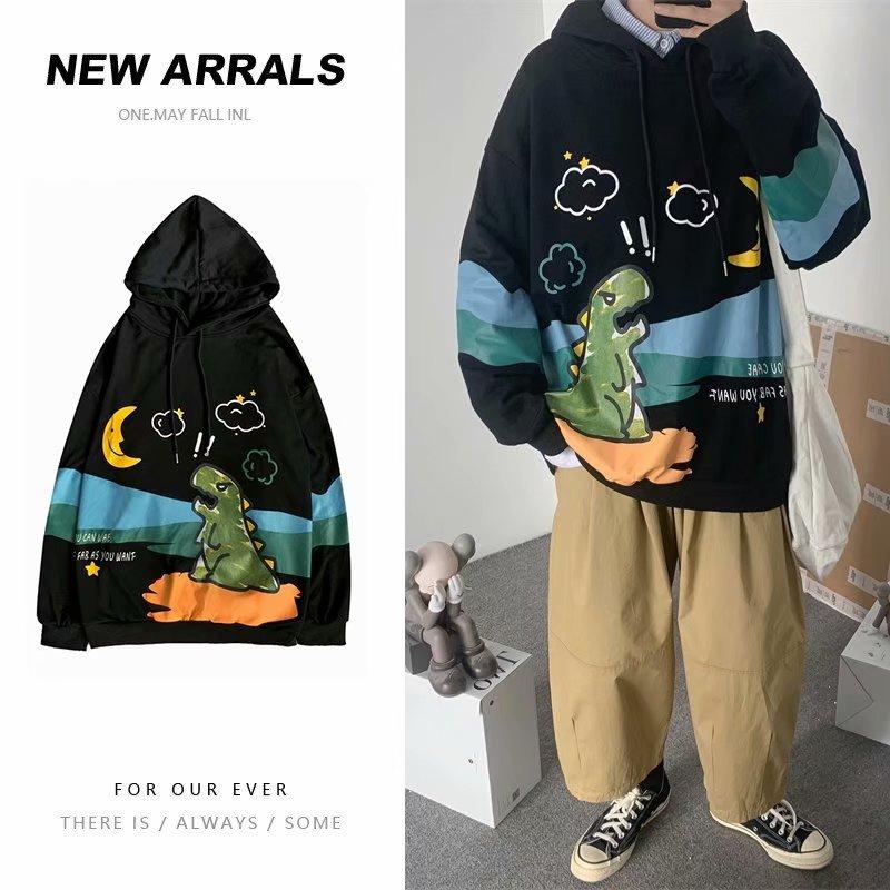 Áo hoodie tay dài dáng rộng in hình khủng long gồm 4 màu sắc