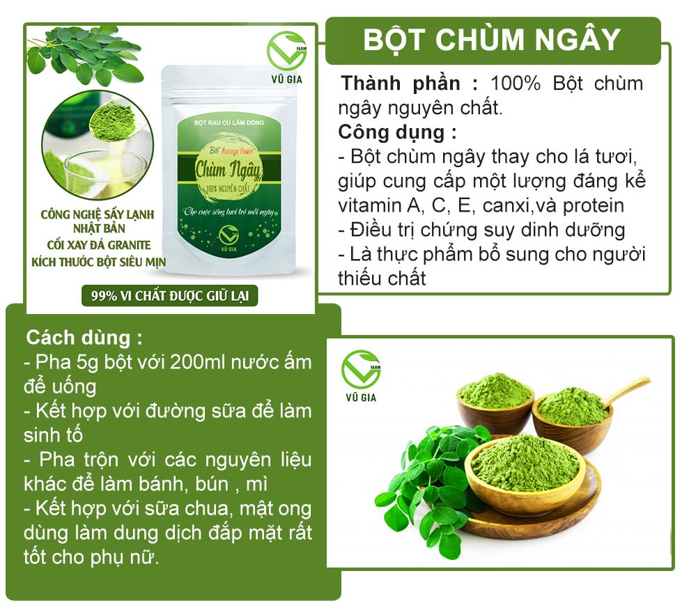 Bột Chùm Ngây Sấy Lạnh Nguyên Chất Vũ Gia (50g/ túi) - Ngừa loãng xương và bệnh ung thư, phục hồi cơ thể và tăng sức đề kháng, là thực phẩm bổ sung cho người thiếu chất