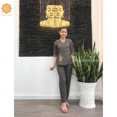 Đồ lam đi chùa nữ - Pháp phục Đài Loan 5 nút vải xô tixi, bền màu không nhăn xưởng may Liên Cúc
