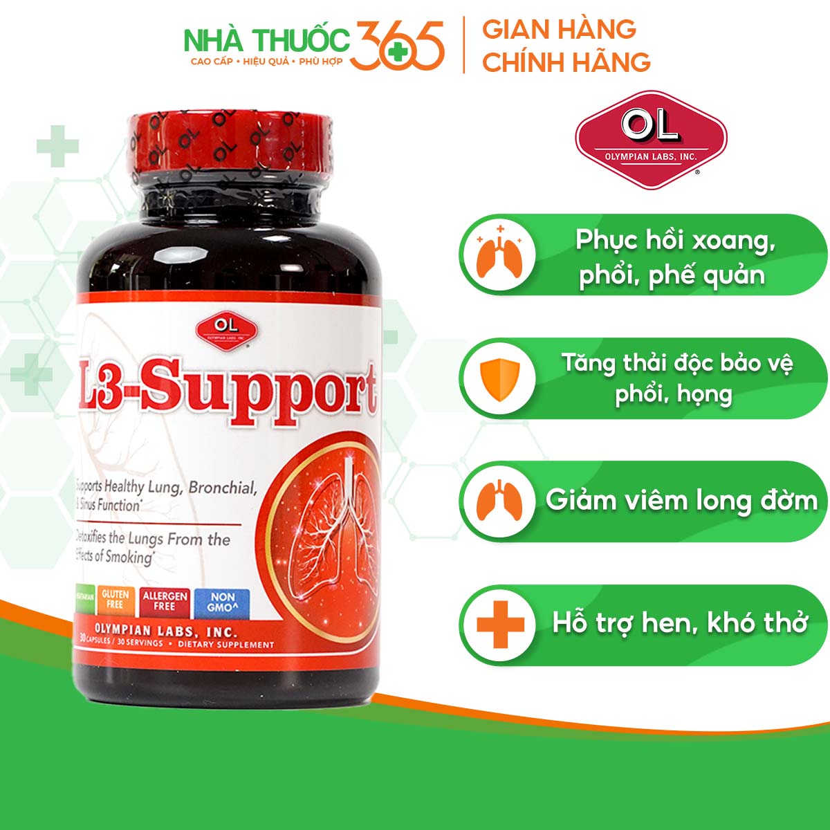 Viên Uống Hỗ Trợ Chức Năng Phổi, Phế Quản, Xoang Olympian Labs L3 Support - Hộp 30 Viên