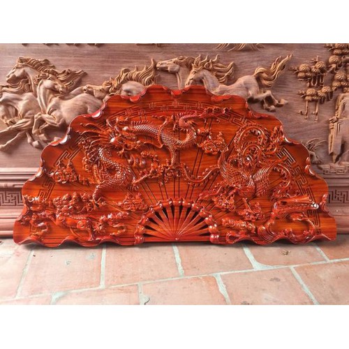 Tranh gỗ treo tường quạt tứ linh - gỗ hương đỏ