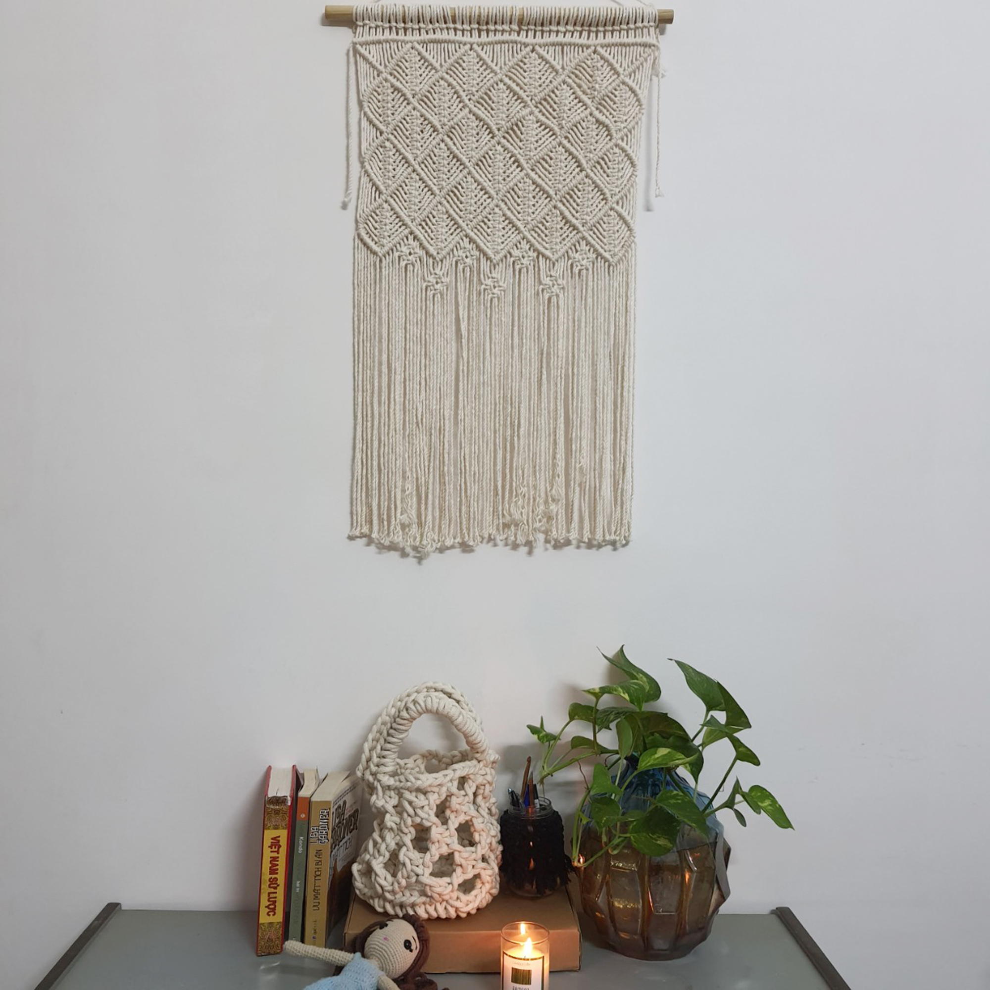 Rèm macrame trang trí tường, Rèm màu trắng, bohemien macrame