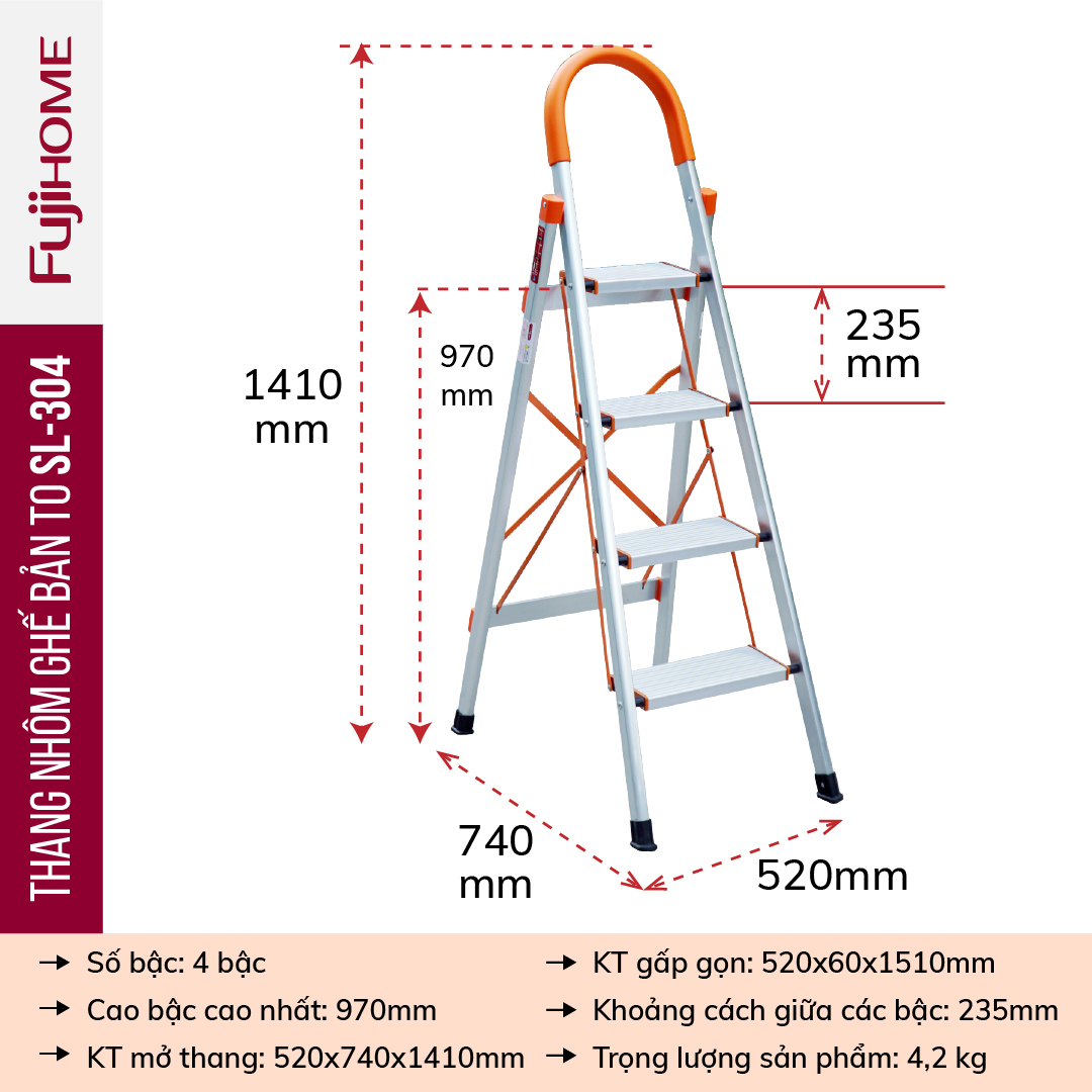 Thang ghế nhôm tay vịn chữ A bản to 4 bậc 1,4m xếp gọn Nhật Bản Fujihome chống trượt, Ghế thang chữ A thắp nhang gia đình đa năng rút gọn inox 1m4 mét step stool ladder