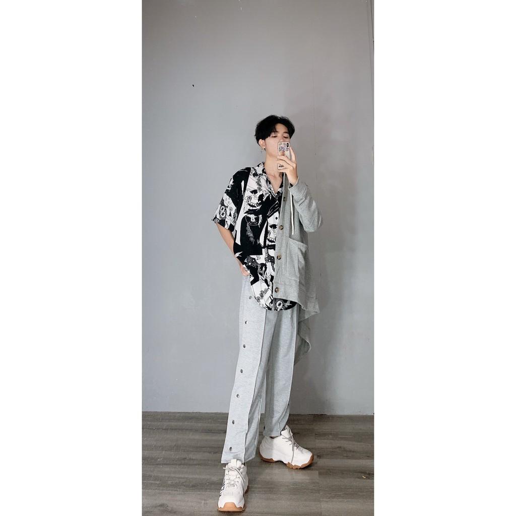 Quần thun ống rộng khuy nút-2 màu