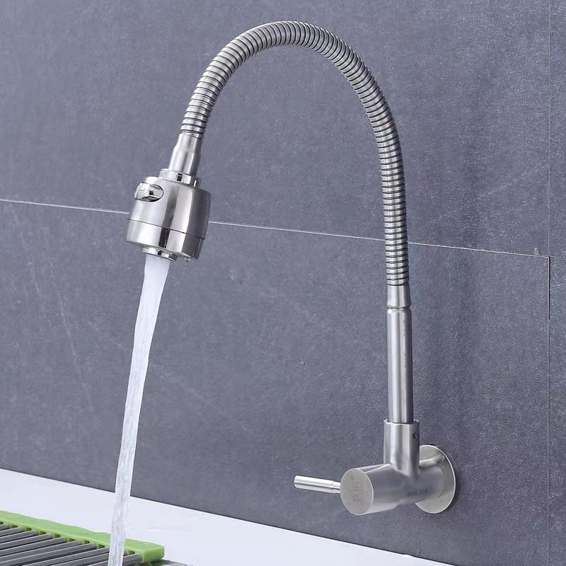 Vòi rửa chén bát âm tường 1 đường nước lạnh cần mềm chất liệu inox 304 dành cho bồn rửa kép tiện dụng