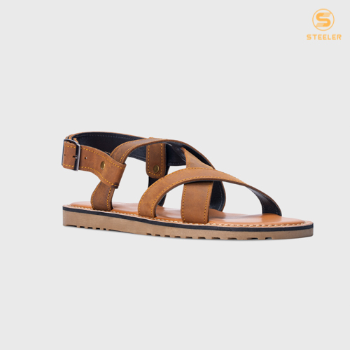 Sandal da bò 100% nam STEELER - sandal unisex S9 Nâu - chất liệu da bò sáp, đế cao su.