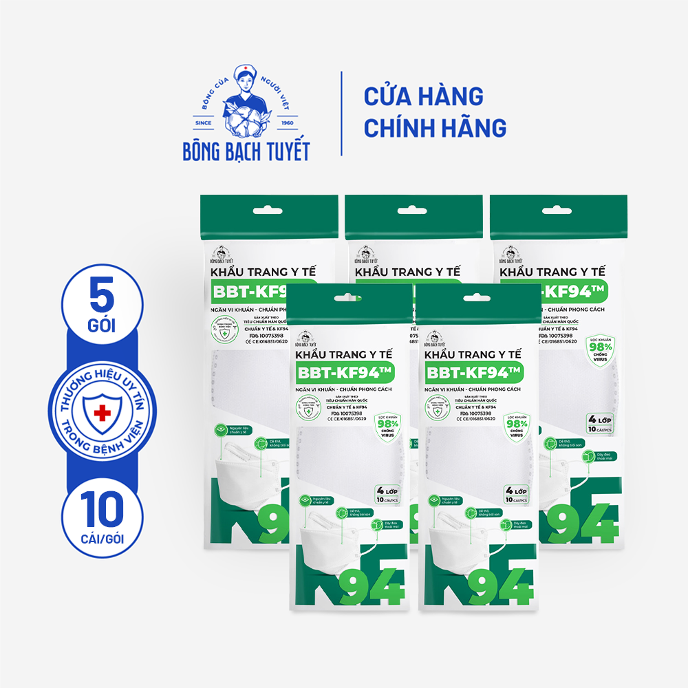 Combo 5 Hộp Khẩu trang Bông Bạch Tuyết KF94 4 lớp trắng (10 cái/hộp)