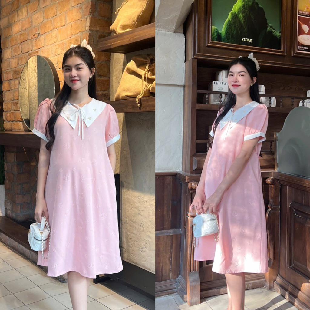 Đầm bầu xước pháp dập bông cổ đính cườm đính nơ sang trọng, thanh lịch váy cho mẹ Váy Bầu Sandal - Xanh bơ