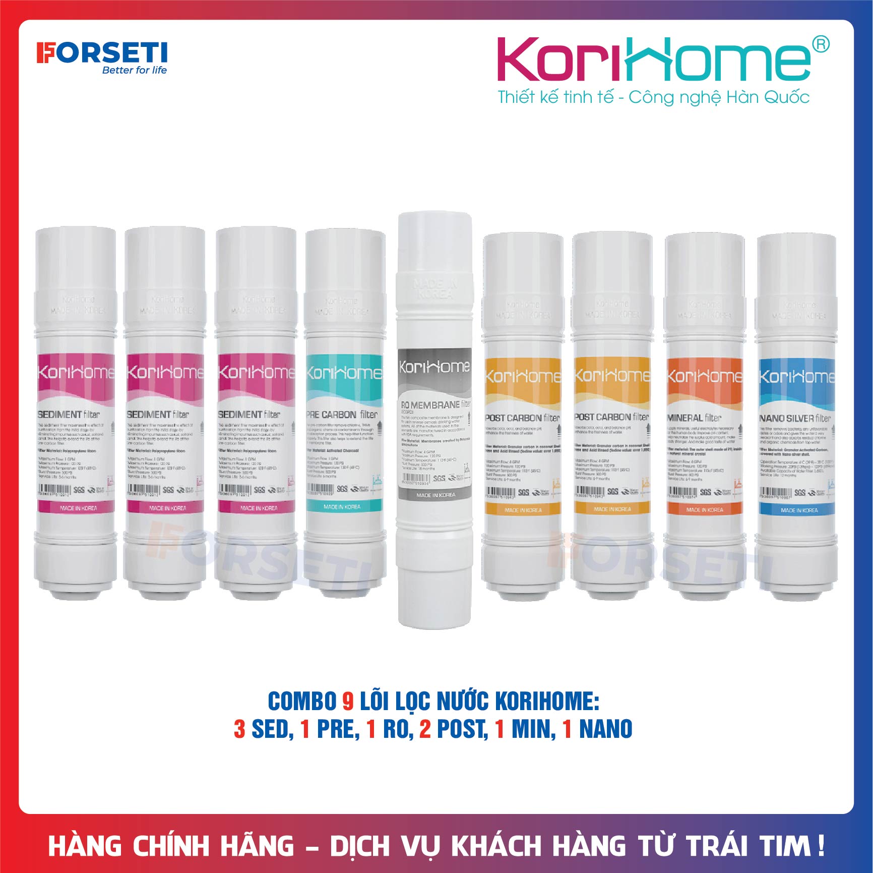 Combo 9 lõi lọc nước Korihome hàng chính hãng dùng cho máy lọc nước Korihome K Book K91