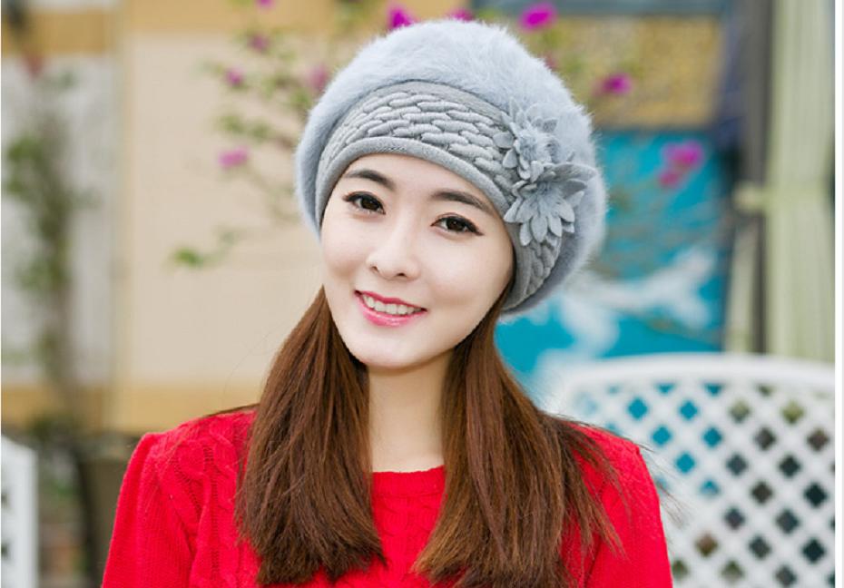 Mũ nồi beret len lông thỏ gắn hoa đôi thời trang nón bánh tiêu len cao cấp