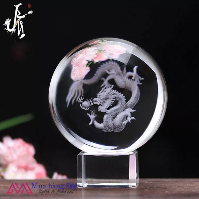 Bộ Quà Tặng Quả Cầu Pha Lê 3D larser LED 12 Con Giáp Tuổi Thìn