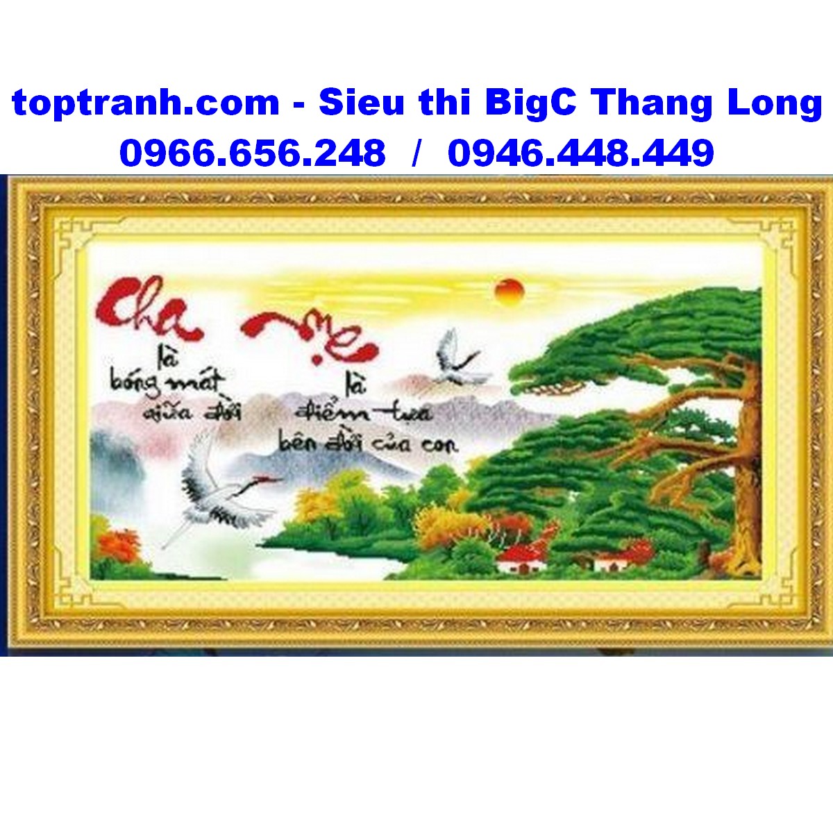 Tranh thêu chữ thập chữ cha mẹ cây tùng hạc 222804 chưa thêu