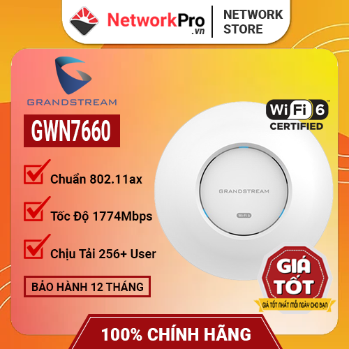 Bộ Phát WiFi Grandstream GWN7660 (Hàng Chính Hãng) - Hỗ Trợ 256 User, Chuẩn AX 1774Mbps (Không Kèm Nguồn)