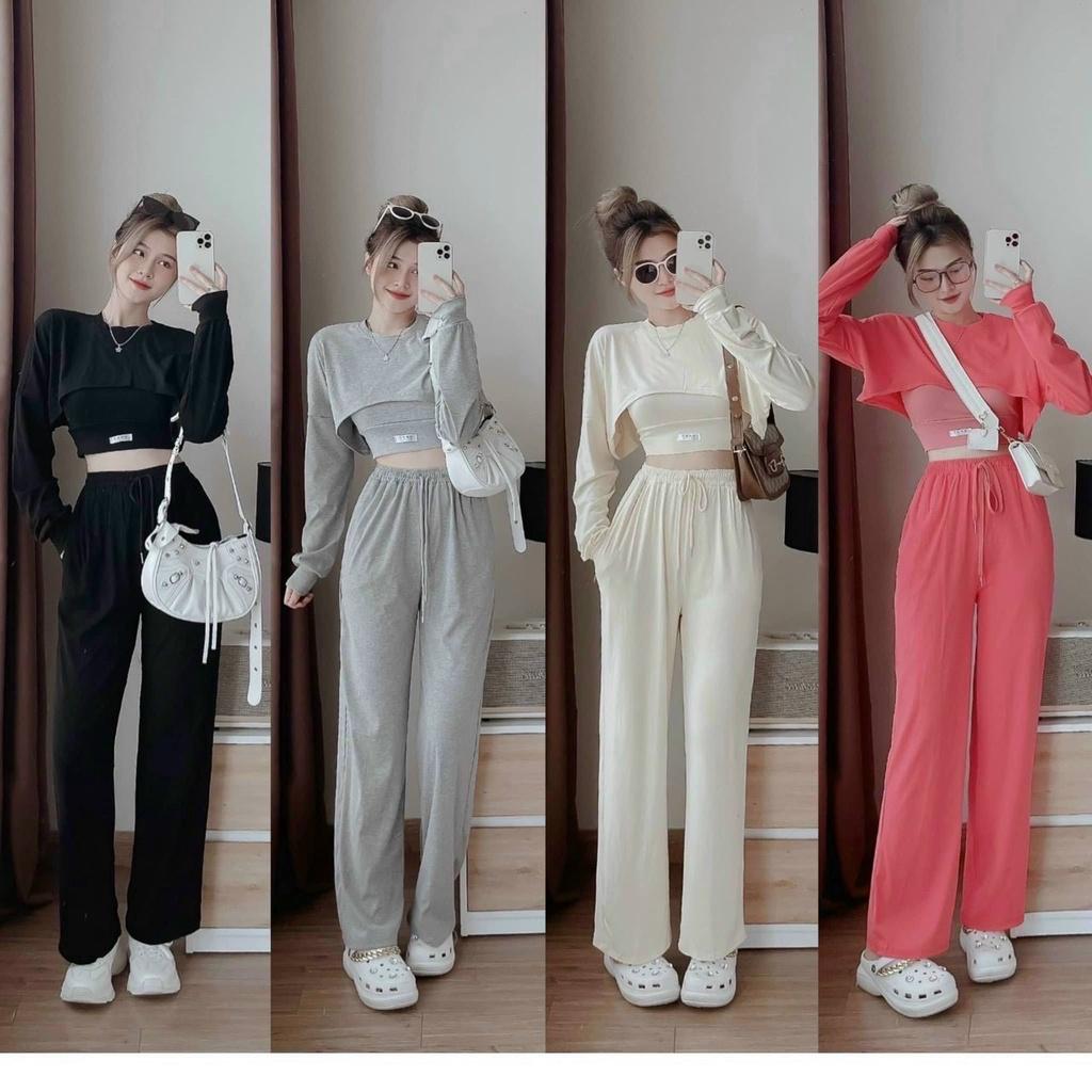 Sét Đồ Nữ Đẹp, Sét Bộ Áo Croptop Tay Dài Kèm Quần jogger Cho Nàng Đi Chơi GKM FASHION