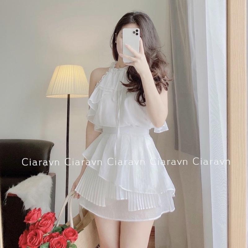 Sét Áo Trắng Cổ Yếm Bèo Mix Chân Váy Sét Siêu Xinhh