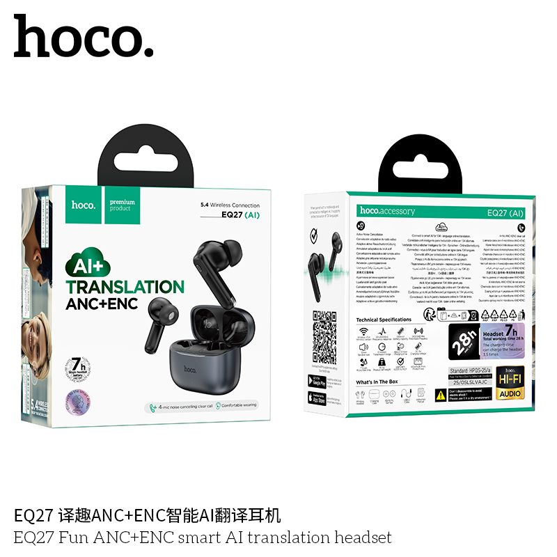 Tai nghe Bluetooth phiên dịch AI thông minh Hoco EQ27 Fun chống ồn ANC+ENC, Bluetooth 5.4, pin trâu 7h, hỗ trợ dịch thuật 134 ngôn ngữ khi gọi điện, trò chuyện, video call- Hàng chính hãng
