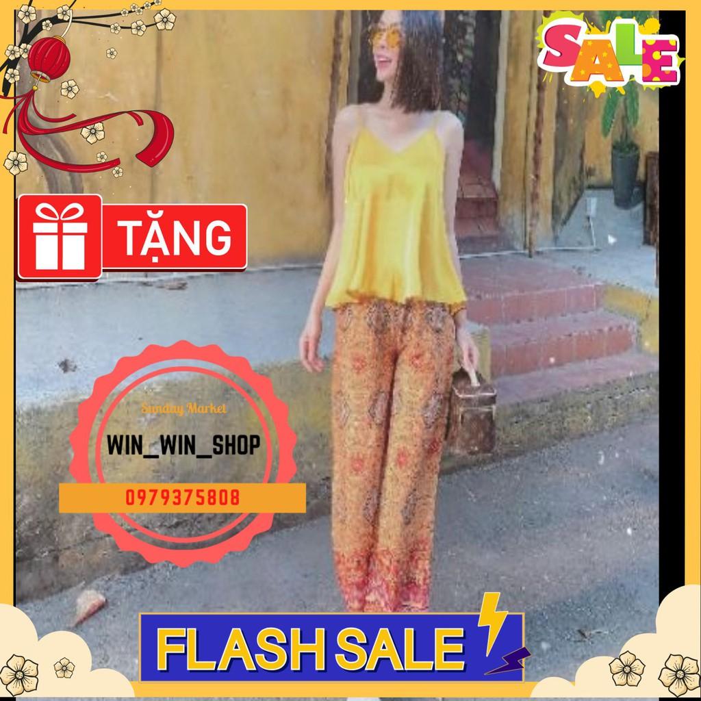 SÉT Hai Dây Áo Satin Phối Quần Ống Rộng Vải Lụa Họa Tiết Thổ Cẩm Đi Chơi Đi Biển