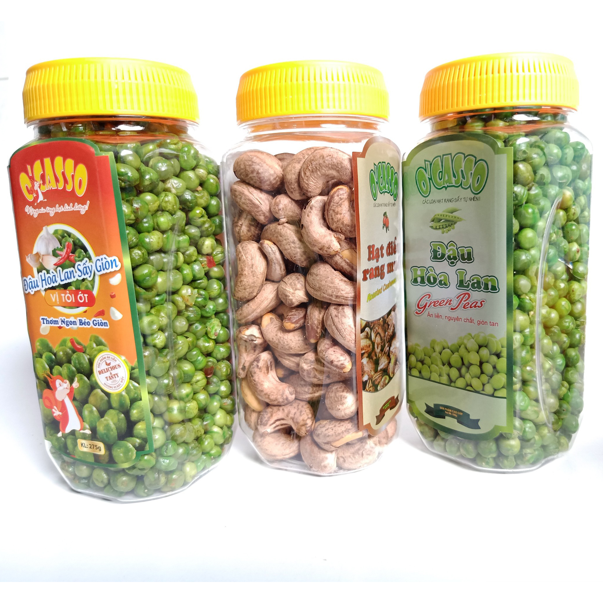 Combo 3 Hộp Hạt Điều Rang Muối Vỏ Lụa 250g + Đậu Hòa Lan Sấy Giòn Vị Tỏi Ớt 275g + Đậu Hòa Lan Sấy Giòn Vị Muối O'Casso 275g