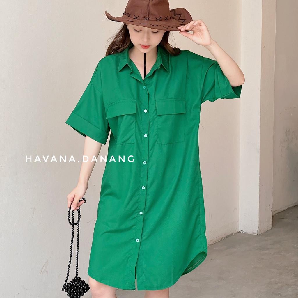 Đầm sơ mi tay cộc, sơ mi hai túi freesize form rộng