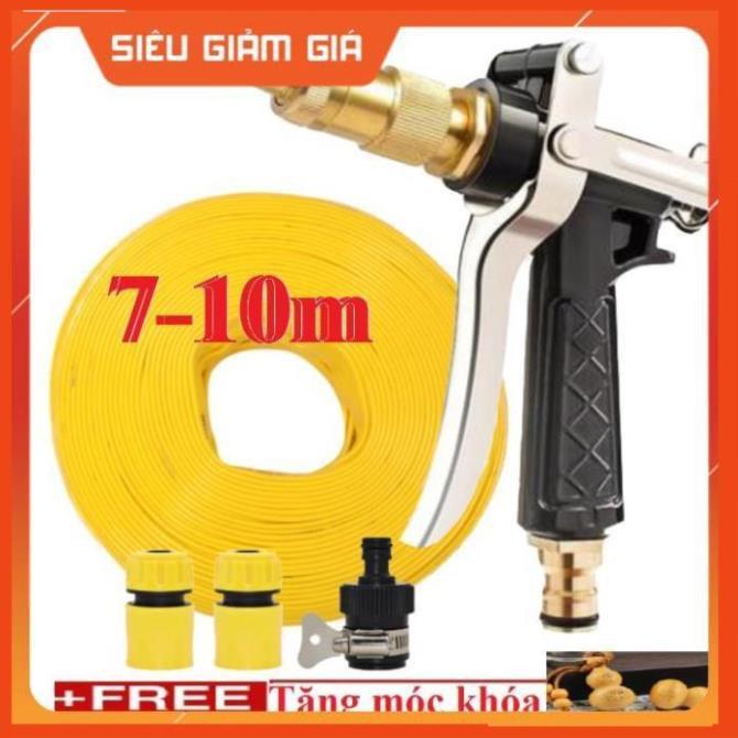 Bộ dây vòi xịt nước rửa xe,tưới cây đa năng, tăng áp 3 lần,loại 7m,10m 206236 đầu đồng, cút,nối nhựa đen+ tặng móc khoá