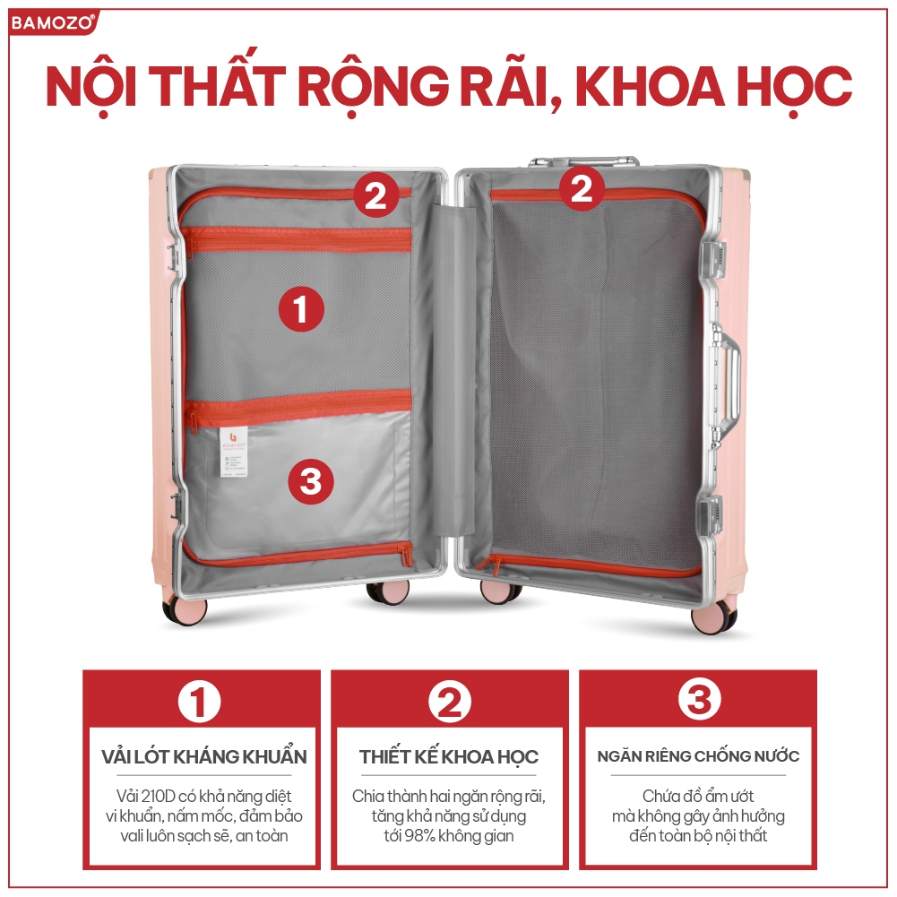 Vali khung nhôm khóa sập Bamozo 9066 size 20/24/28 inch cao cấp bịt 4 góc kim loại chống va đập bảo hành 5 năm